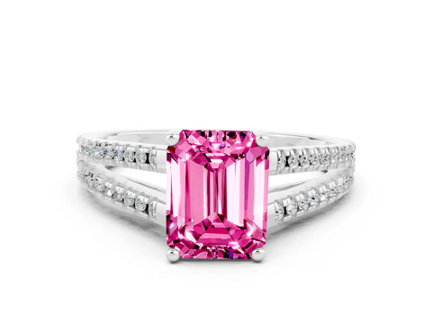 White gold Emerald Cut Pink Sapphire Solitaire Engagement Ring with Split Shank Pavé Band_12