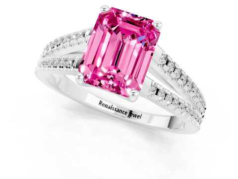 White gold Emerald Cut Pink Sapphire Solitaire Engagement Ring with Split Shank Pavé Band_13