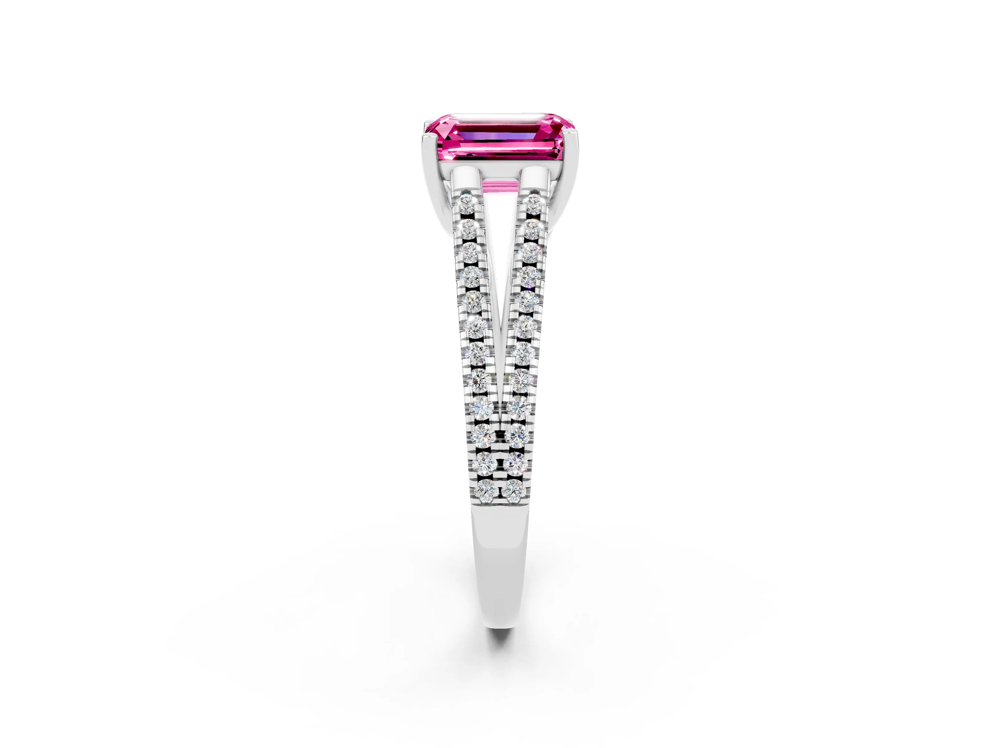 White gold Emerald Cut Pink Sapphire Solitaire Engagement Ring with Split Shank Pavé Band_14