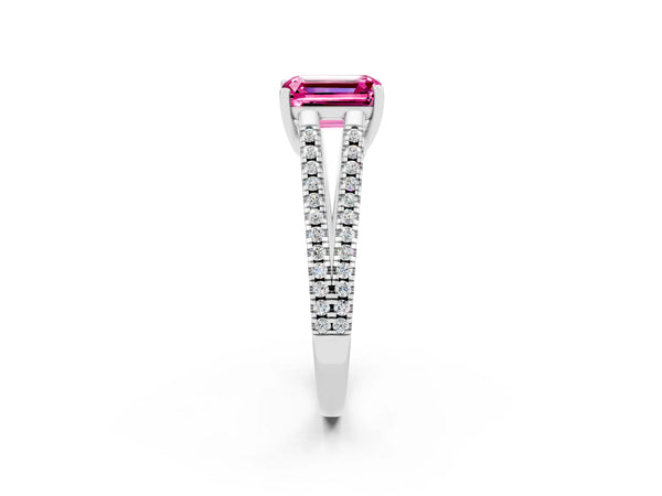 White gold Emerald Cut Pink Sapphire Solitaire Engagement Ring with Split Shank Pavé Band