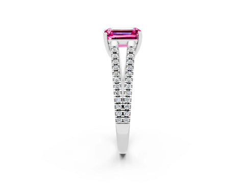 White gold Emerald Cut Pink Sapphire Solitaire Engagement Ring with Split Shank Pavé Band_14