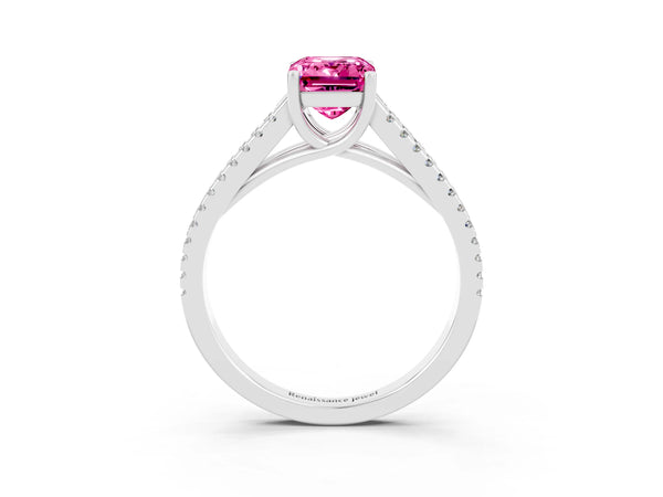 Platinum Emerald Cut Pink Sapphire Solitaire Engagement Ring with Split Shank Pavé Band