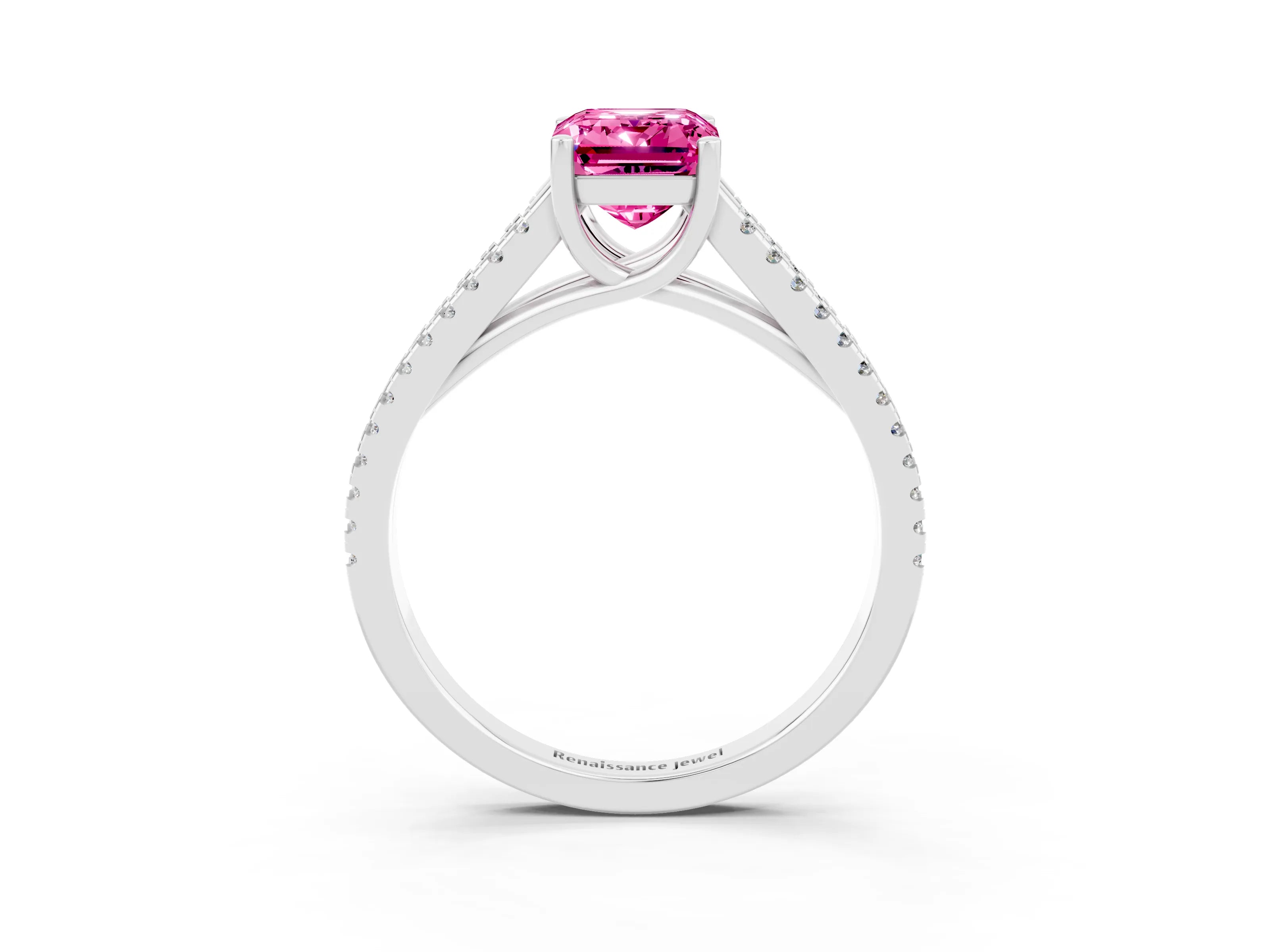 White gold Emerald Cut Pink Sapphire Solitaire Engagement Ring with Split Shank Pavé Band_15