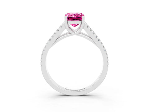 White gold Emerald Cut Pink Sapphire Solitaire Engagement Ring with Split Shank Pavé Band_15