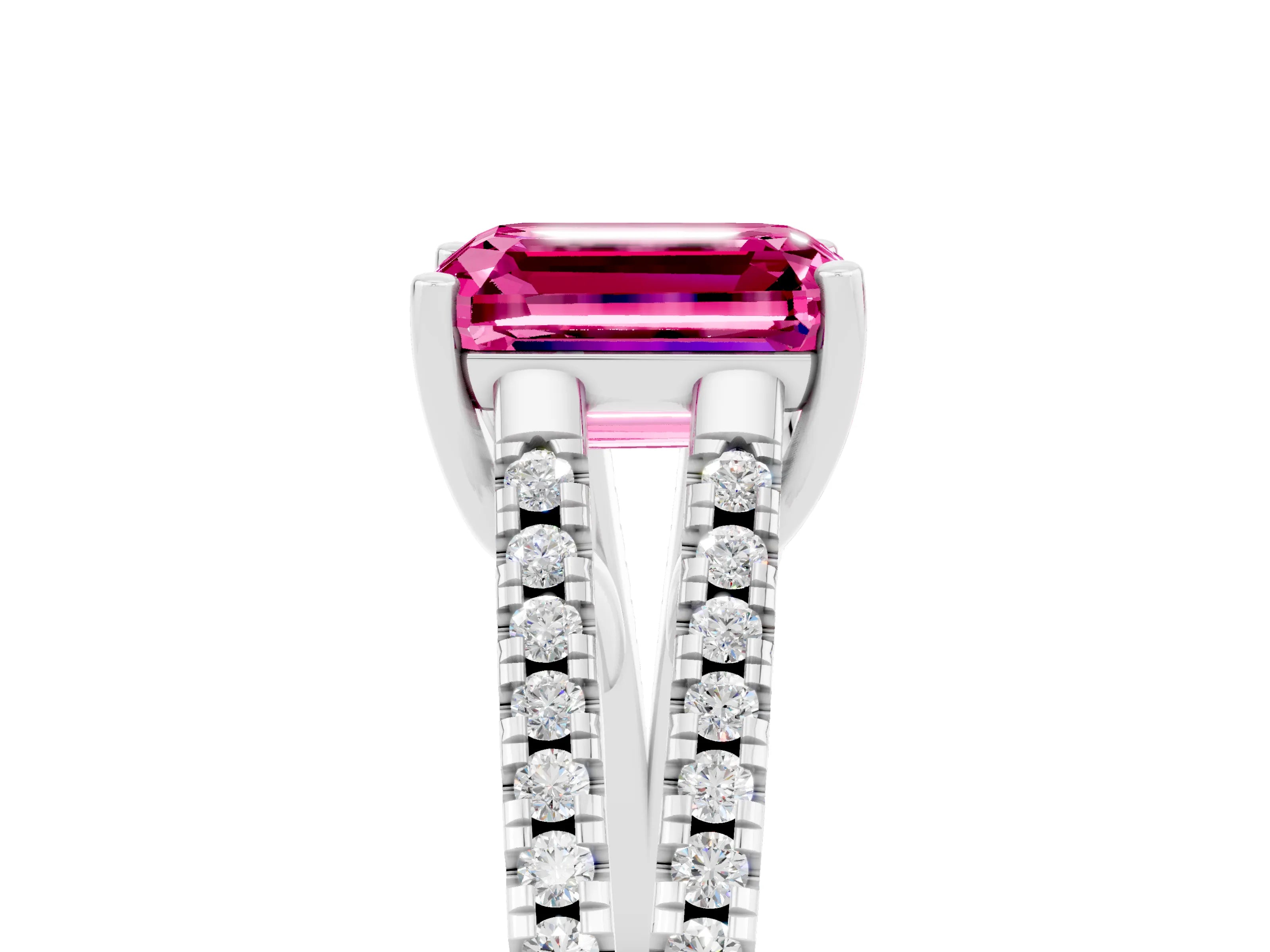 White gold Emerald Cut Pink Sapphire Solitaire Engagement Ring with Split Shank Pavé Band_17