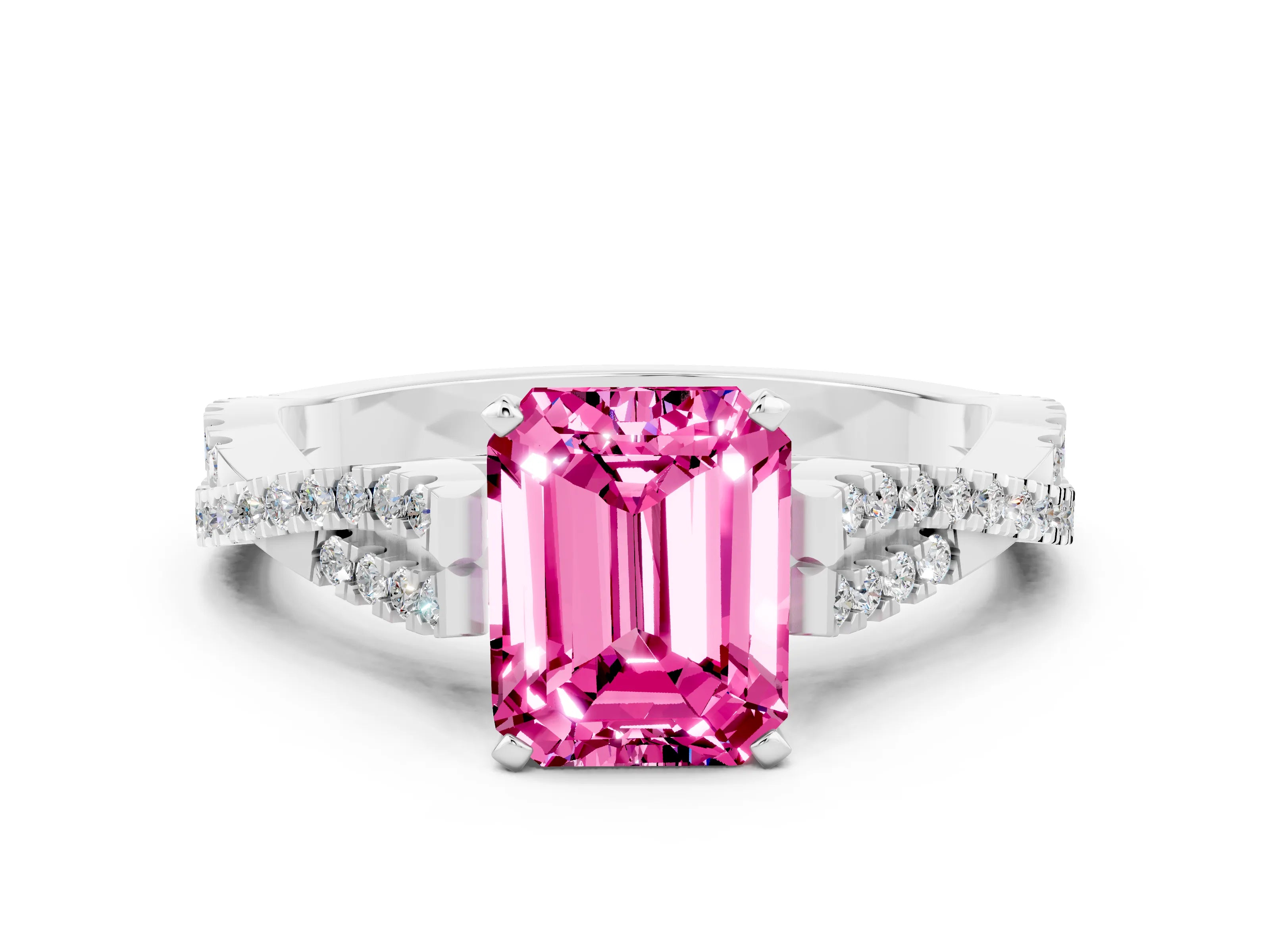 White gold Emerald Cut Pink Sapphire Solitaire Engagement Ring with Twisted Pavé Band and Four-Prong Setting_12