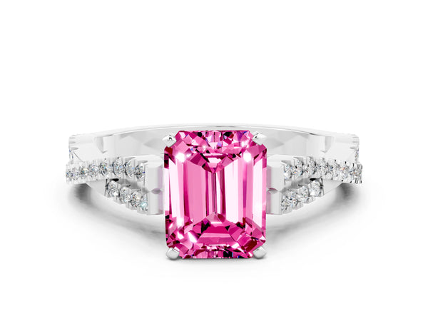White gold Emerald Cut Pink Sapphire Solitaire Engagement Ring with Twisted Pavé Band and Four-Prong Setting