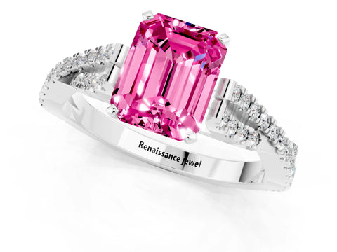 White gold Emerald Cut Pink Sapphire Solitaire Engagement Ring with Twisted Pavé Band and Four-Prong Setting_13