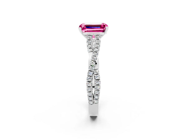 Platinum Emerald Cut Pink Sapphire Solitaire Engagement Ring with Twisted Pavé Band and Four-Prong Setting