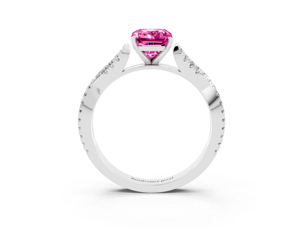Platinum Emerald Cut Pink Sapphire Solitaire Engagement Ring with Twisted Pavé Band and Four-Prong Setting
