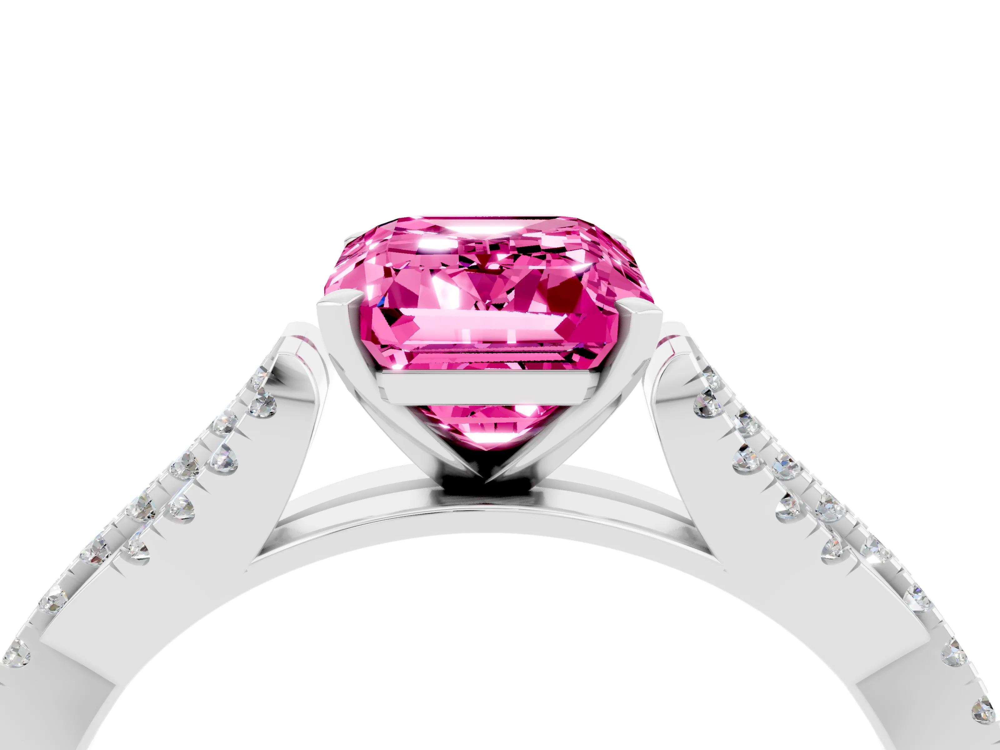 White gold Emerald Cut Pink Sapphire Solitaire Engagement Ring with Twisted Pavé Band and Four-Prong Setting_16