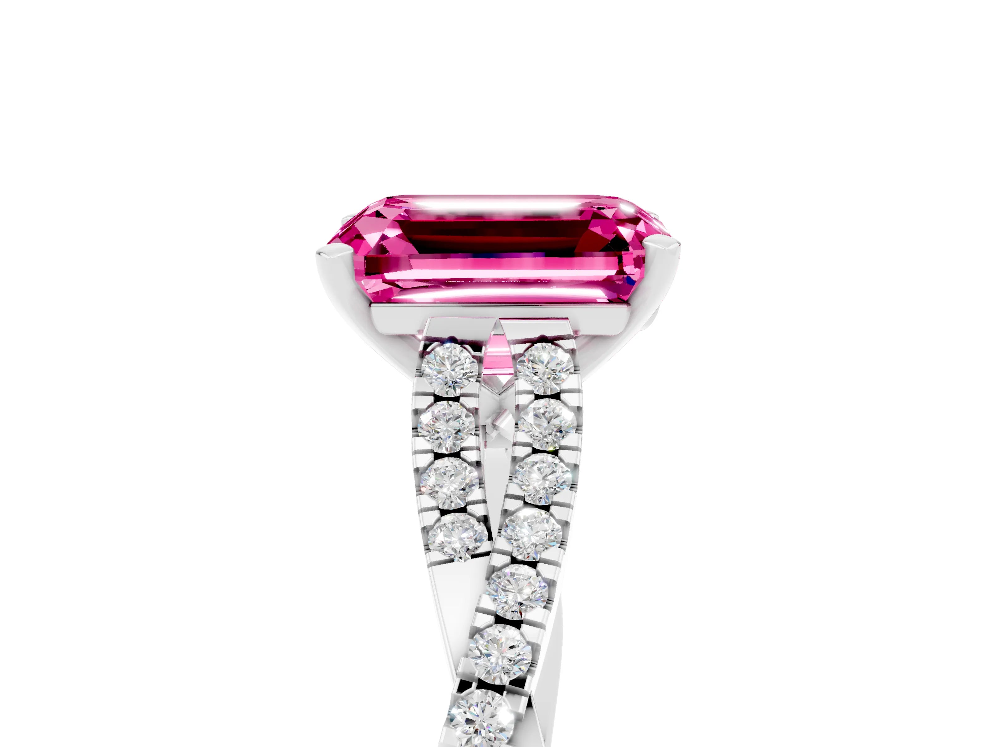 White gold Emerald Cut Pink Sapphire Solitaire Engagement Ring with Twisted Pavé Band and Four-Prong Setting_17