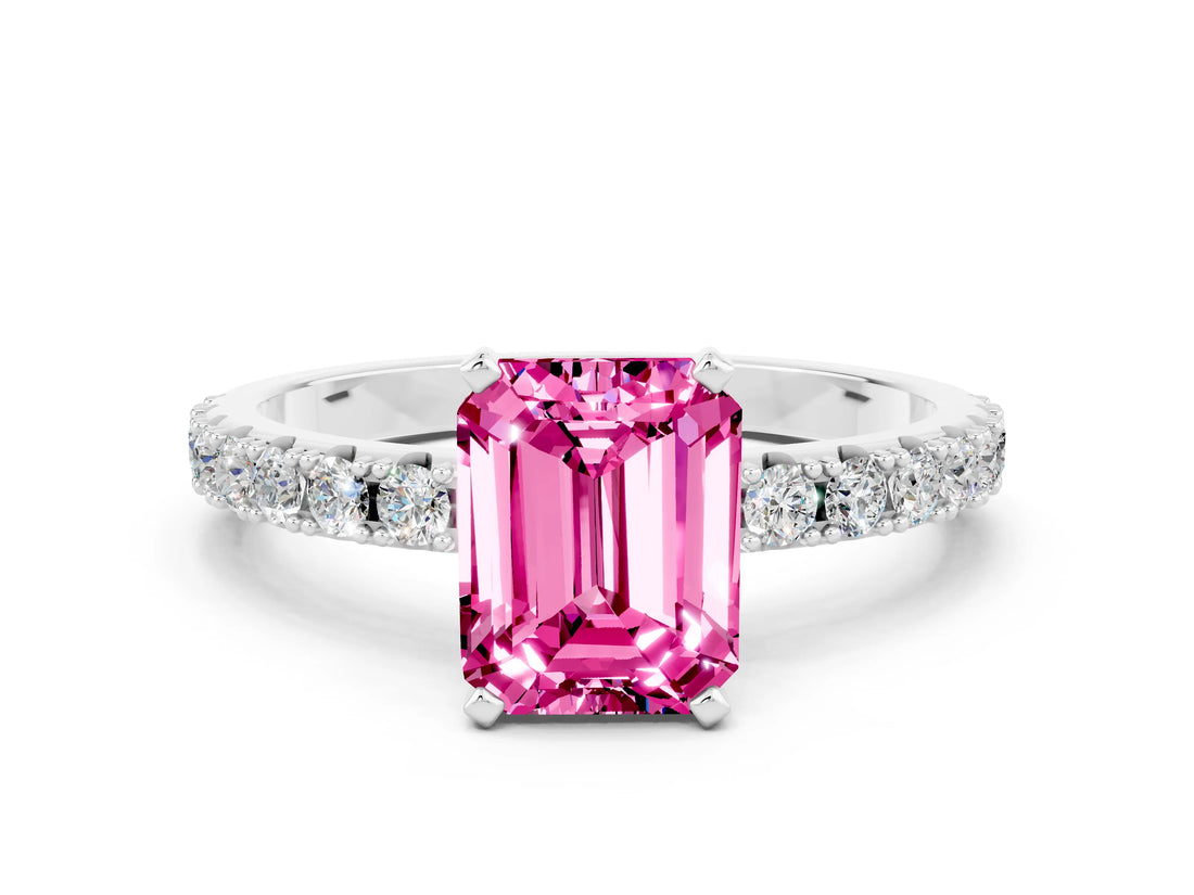 White gold Emerald Cut Pink Sapphire Solitaire Pavé Band with Four-Prong Setting_24