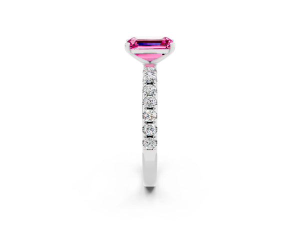 Platinum Emerald Cut Pink Sapphire Solitaire Pavé Band with Four-Prong Setting