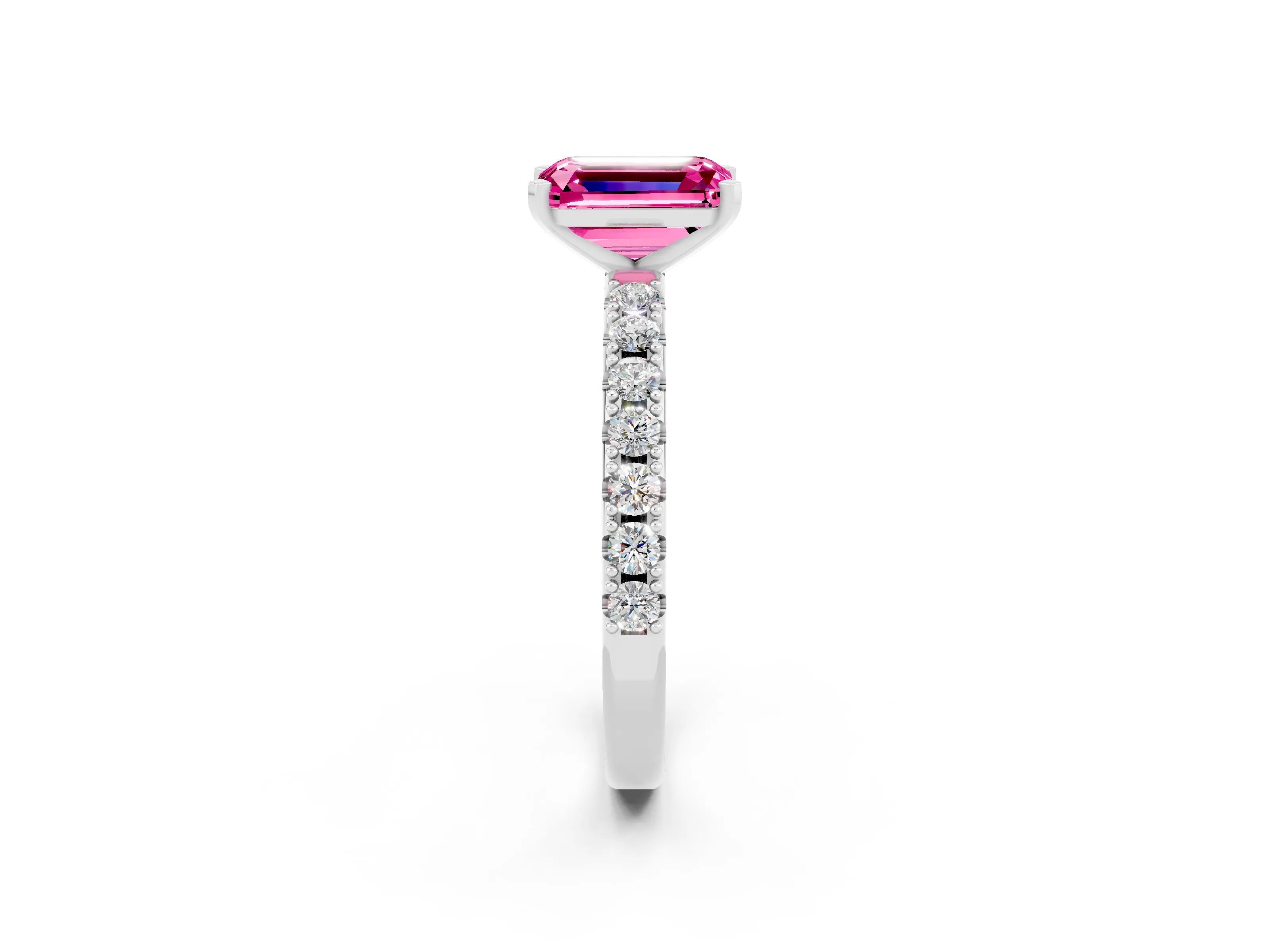 White gold Emerald Cut Pink Sapphire Solitaire Pavé Band with Four-Prong Setting_26