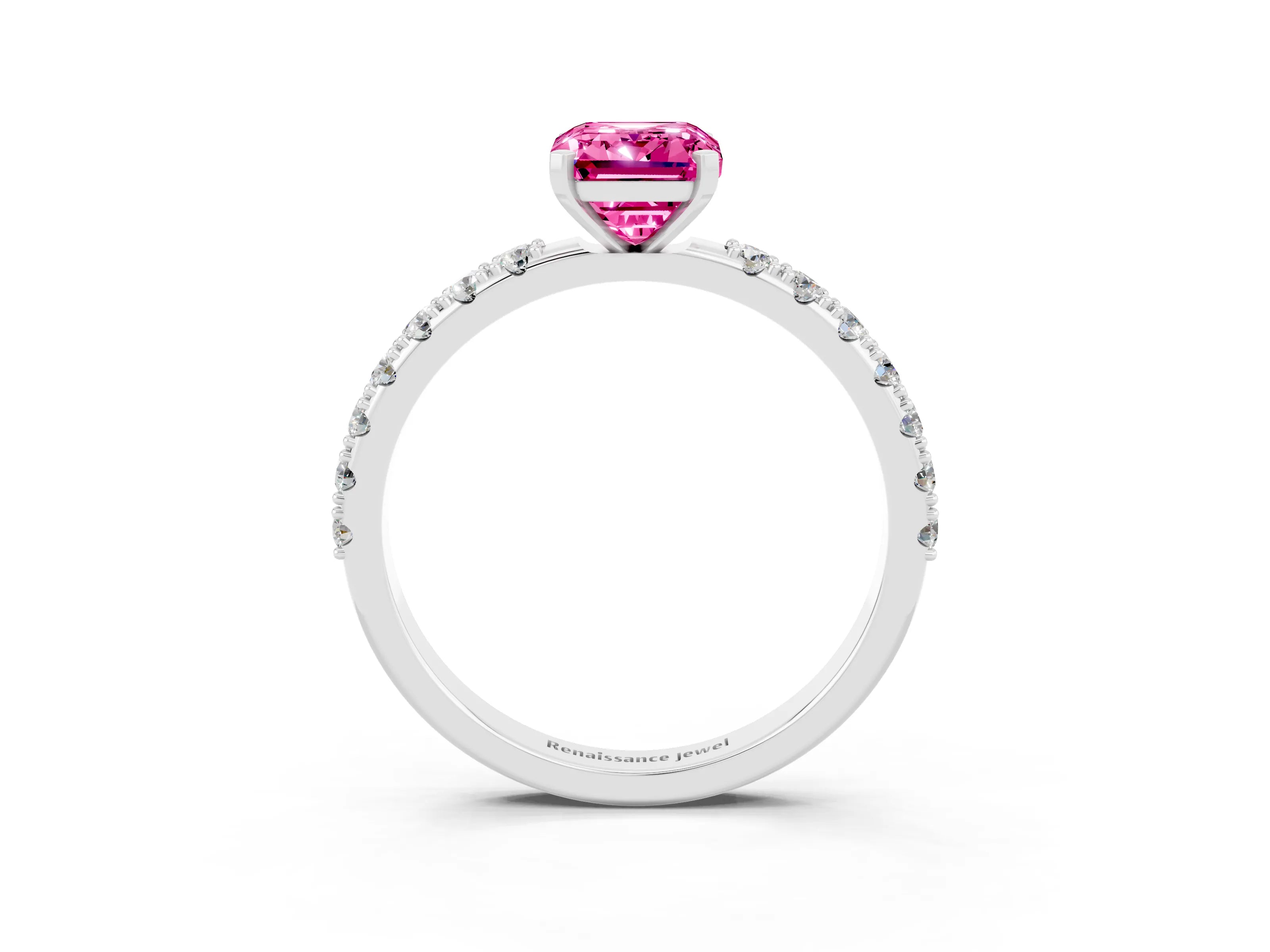 White gold Emerald Cut Pink Sapphire Solitaire Pavé Band with Four-Prong Setting_27