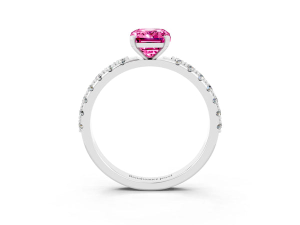 Silver Emerald Cut Pink Sapphire Solitaire Pavé Band with Four-Prong Setting