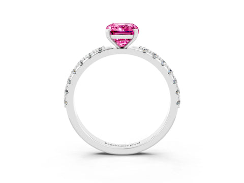 White gold Emerald Cut Pink Sapphire Solitaire Pavé Band with Four-Prong Setting_27