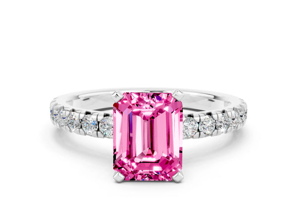 Platinum Emerald Cut Pink Sapphire Solitaire Pavé Engagement Ring with Round Band and Prong Setting