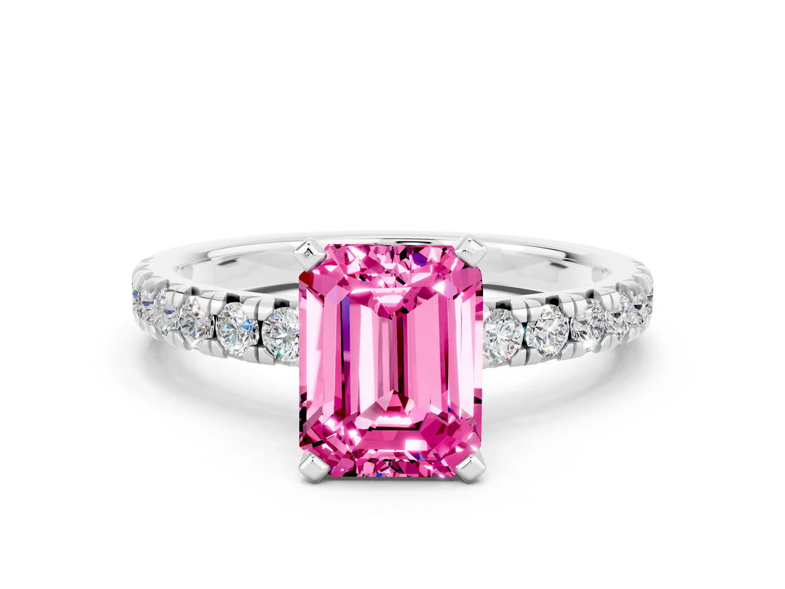 White gold Emerald Cut Pink Sapphire Solitaire Pavé Engagement Ring with Round Band and Prong Setting_66