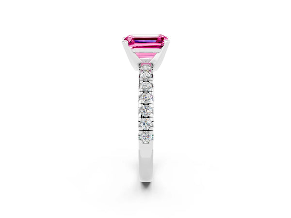 Silver Emerald Cut Pink Sapphire Solitaire Pavé Engagement Ring with Round Band and Prong Setting