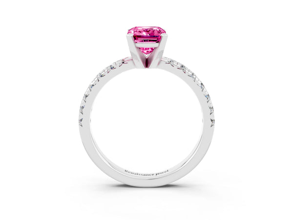 Platinum Emerald Cut Pink Sapphire Solitaire Pavé Engagement Ring with Round Band and Prong Setting