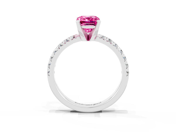White gold Emerald Cut Pink Sapphire Solitaire Pavé Engagement Ring with Round Band and Prong Setting