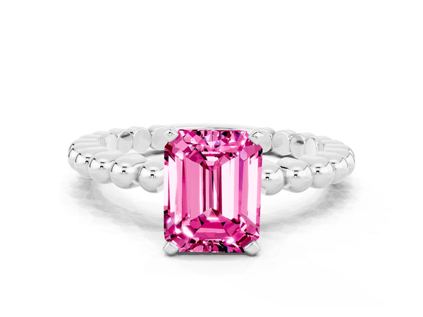 Platinum Emerald Cut Pink Sapphire Solitaire Ring with Beaded Band and Prong Setting