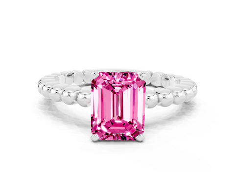 White gold Emerald Cut Pink Sapphire Solitaire Ring with Beaded Band and Prong Setting_12
