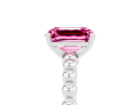 White gold Emerald Cut Pink Sapphire Solitaire Ring with Beaded Band and Prong Setting_17