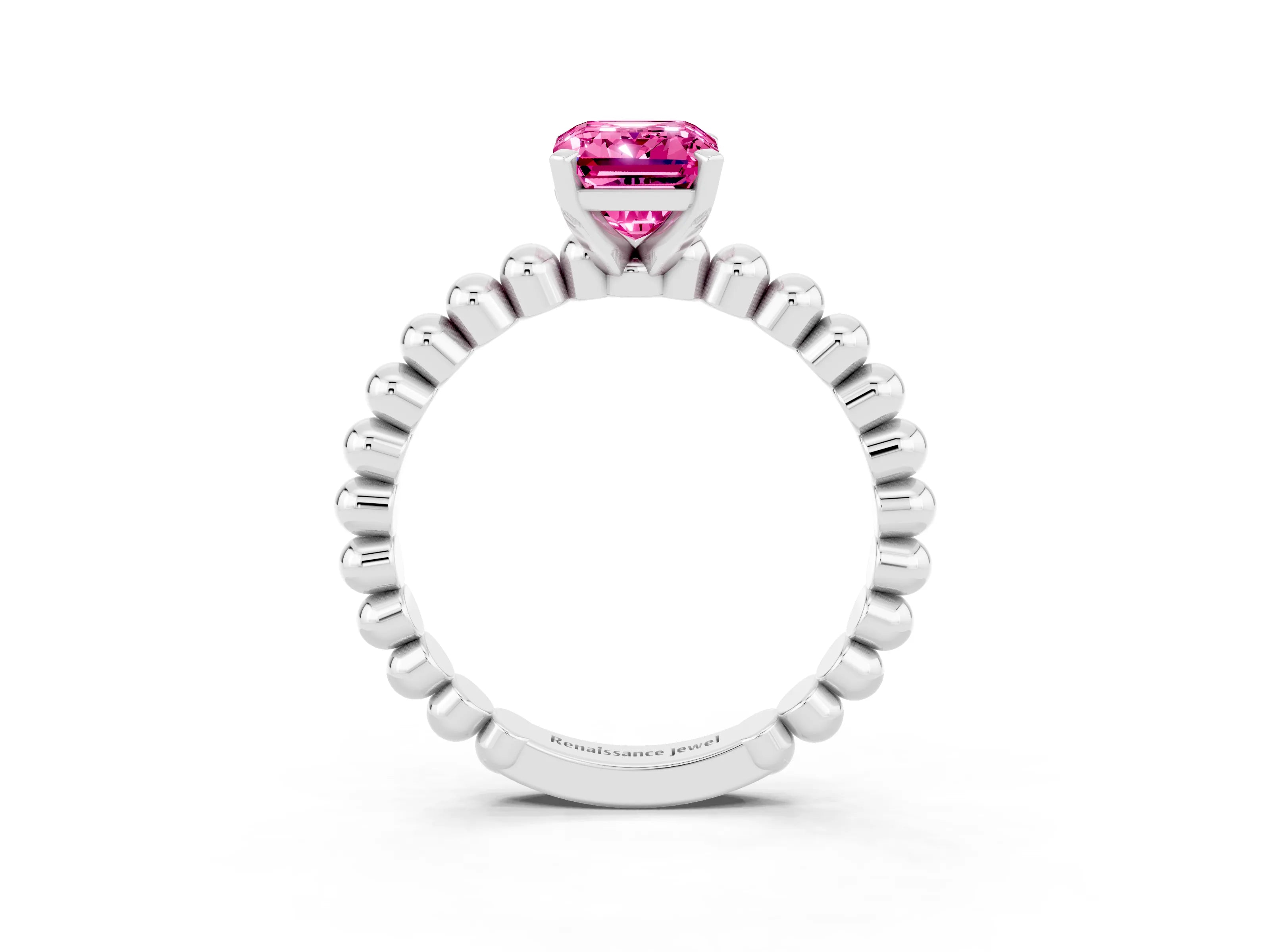 White gold Emerald Cut Pink Sapphire Solitaire Ring with Beaded Band and Prong Setting_3
