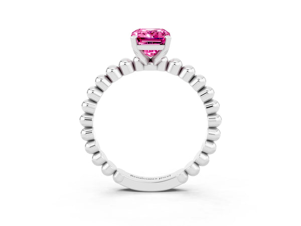 Platinum Emerald Cut Pink Sapphire Solitaire Ring with Beaded Band and Prong Setting