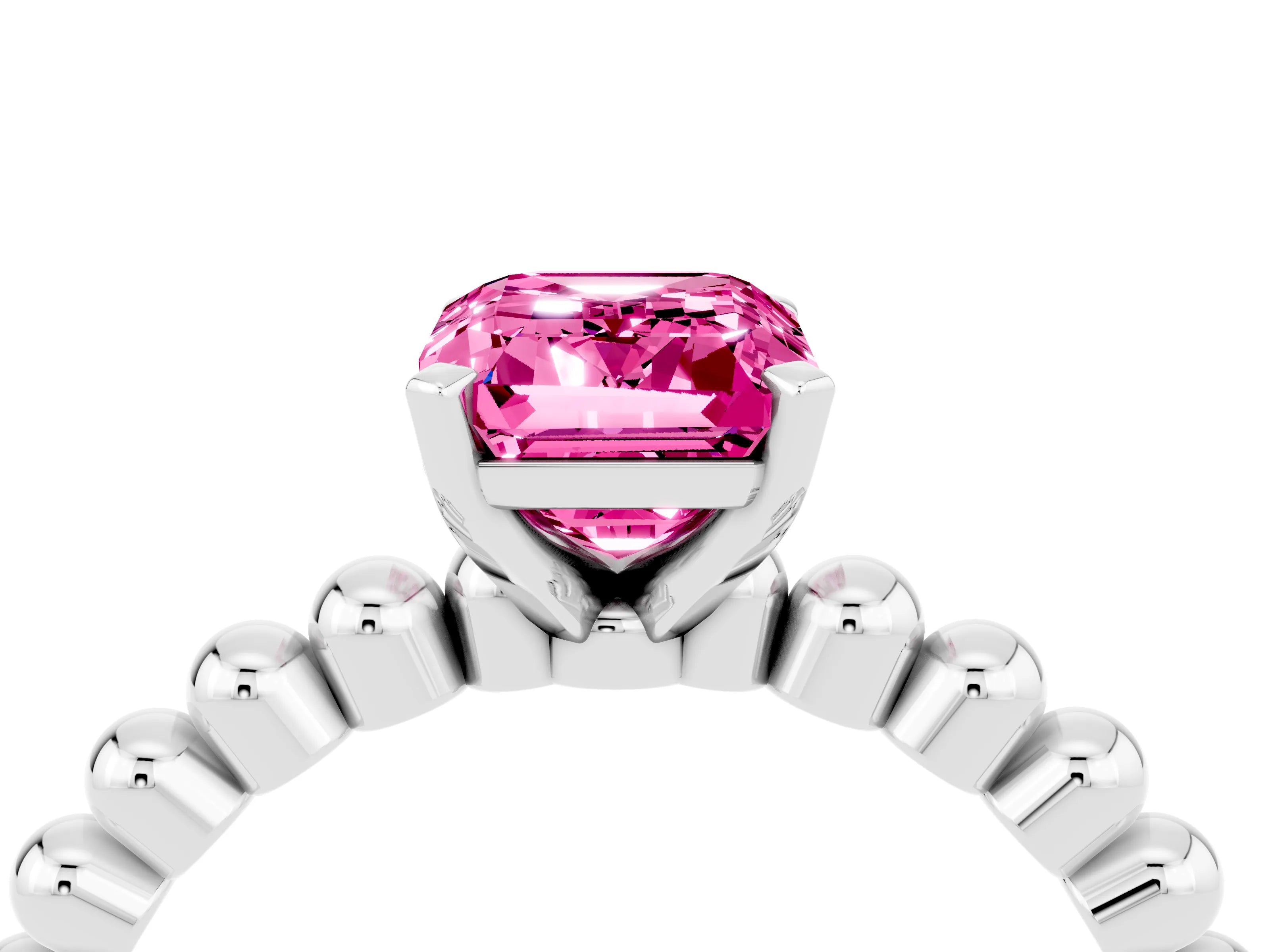 White gold Emerald Cut Pink Sapphire Solitaire Ring with Beaded Band and Prong Setting_4