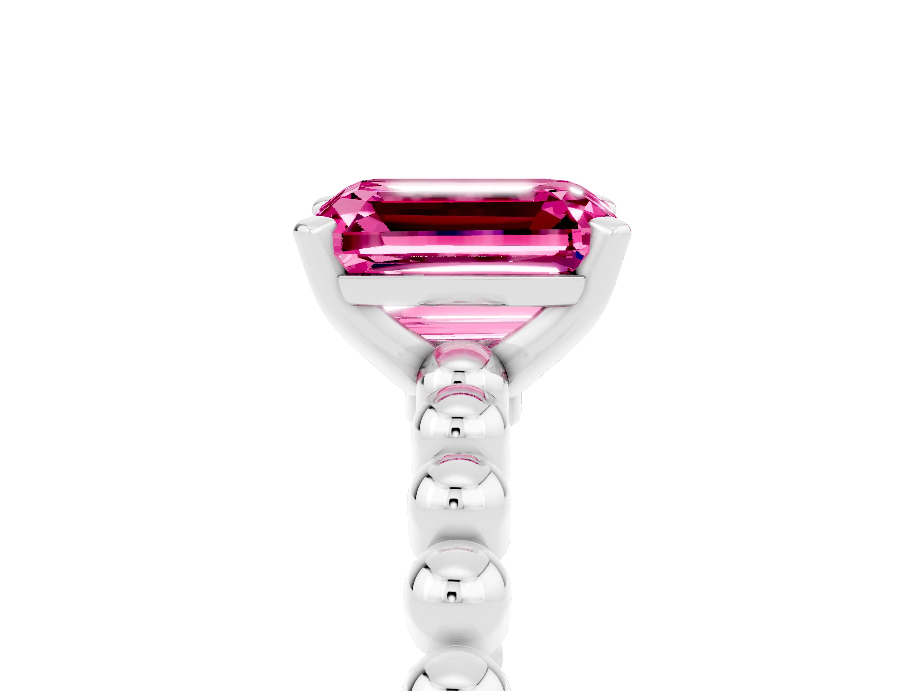 White gold Emerald Cut Pink Sapphire Solitaire Ring with Beaded Band and Prong Setting_5