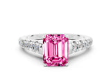 White gold Emerald Cut Pink Sapphire Solitaire Ring with Cathedral Setting and Pavé Band_24