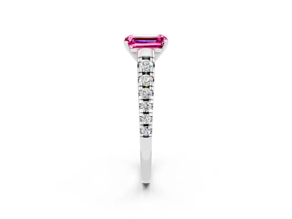 Platinum Emerald Cut Pink Sapphire Cathedral Solitaire Ring with Round  Pavé Band