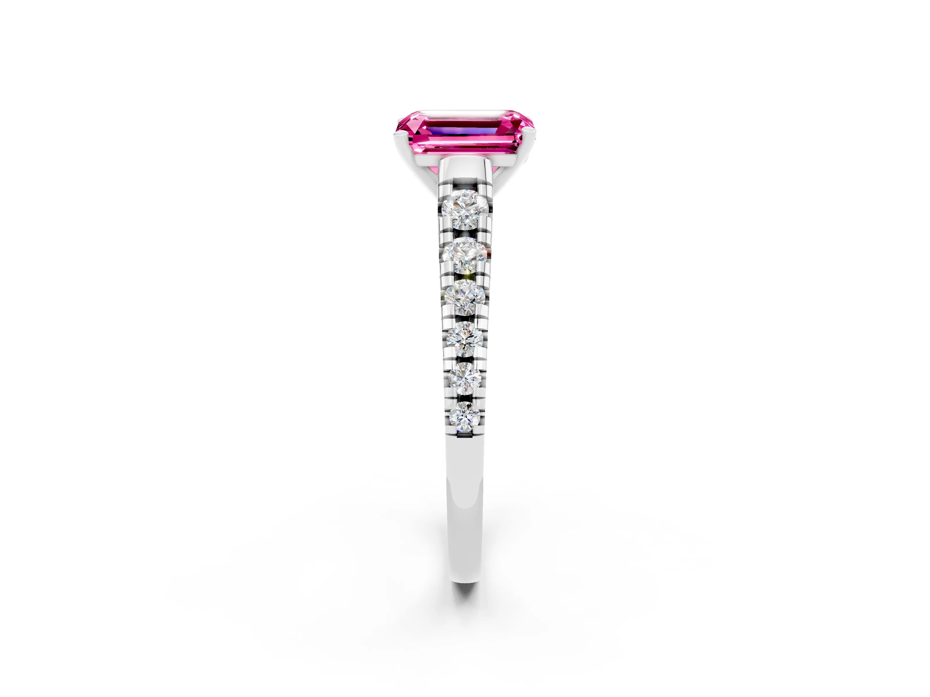White gold Emerald Cut Pink Sapphire Solitaire Ring with Cathedral Setting and Pavé Band_26