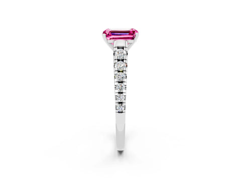 White gold Emerald Cut Pink Sapphire Solitaire Ring with Cathedral Setting and Pavé Band_26