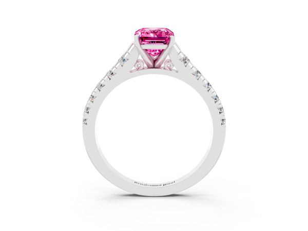 Platinum Emerald Cut Pink Sapphire Cathedral Solitaire Ring with Round  Pavé Band