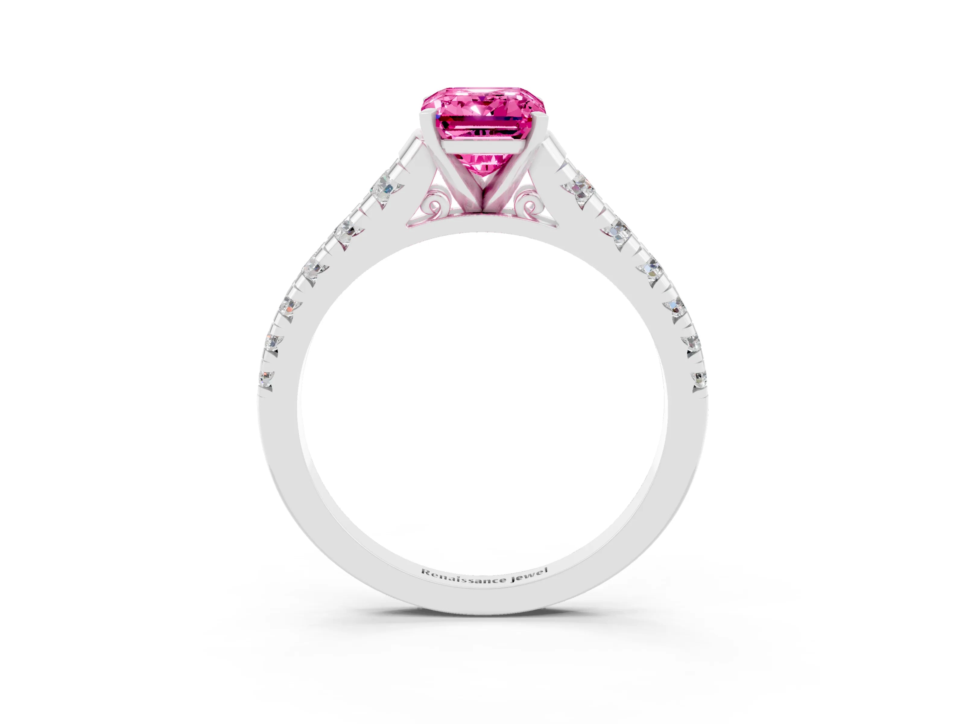 White gold Emerald Cut Pink Sapphire Solitaire Ring with Cathedral Setting and Pavé Band_27