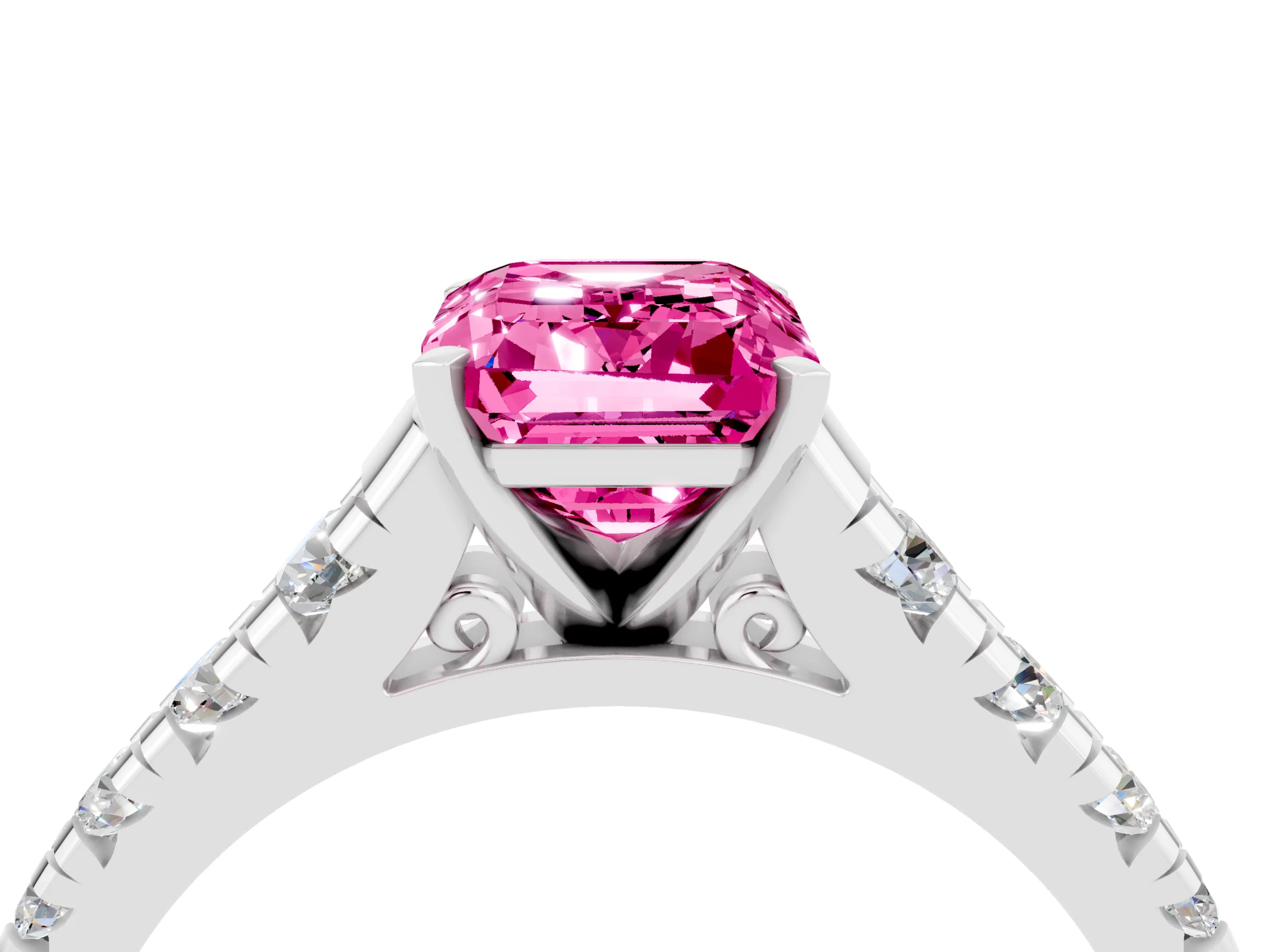 White gold Emerald Cut Pink Sapphire Solitaire Ring with Cathedral Setting and Pavé Band_28