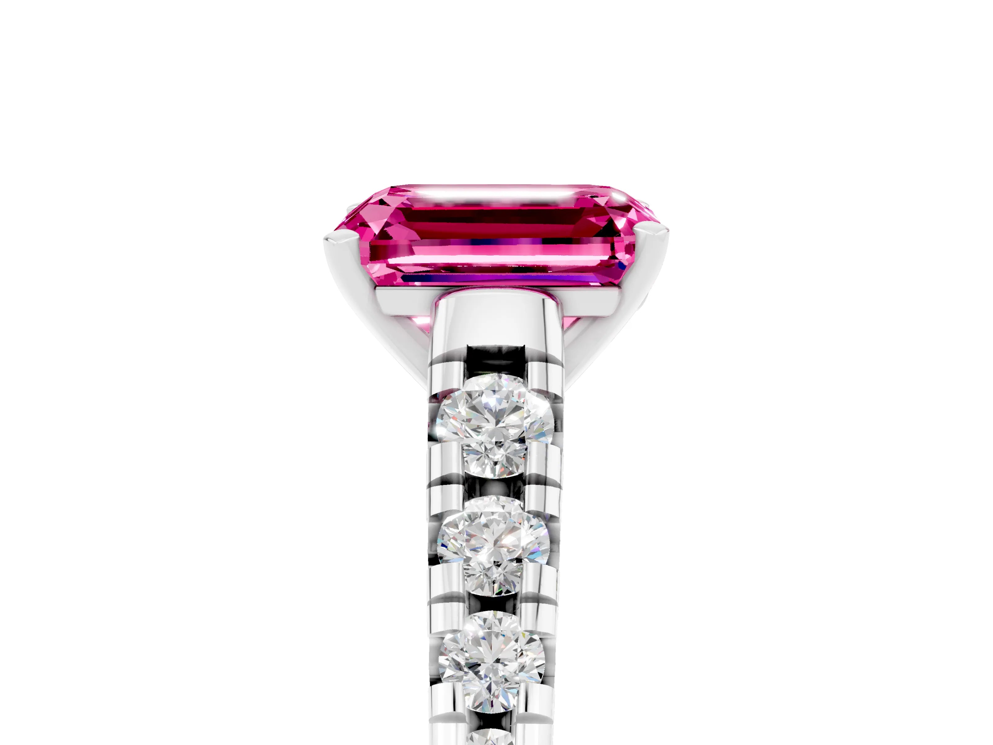 White gold Emerald Cut Pink Sapphire Solitaire Ring with Cathedral Setting and Pavé Band_29