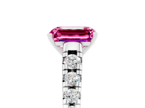 White gold Emerald Cut Pink Sapphire Solitaire Ring with Cathedral Setting and Pavé Band_29