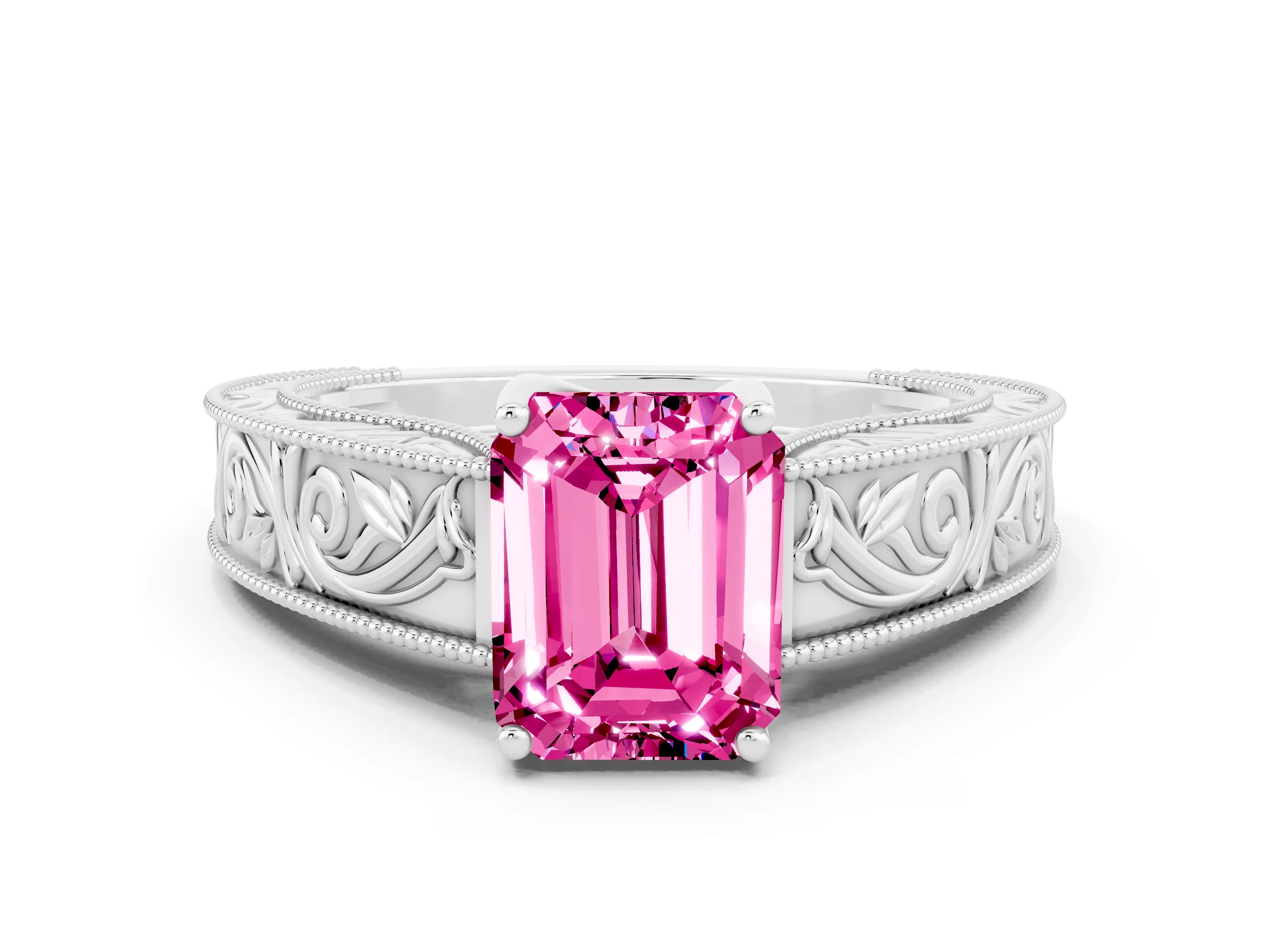 White gold Emerald Cut Pink Sapphire Solitaire Ring with Engraved Band and Four-Prong Setting