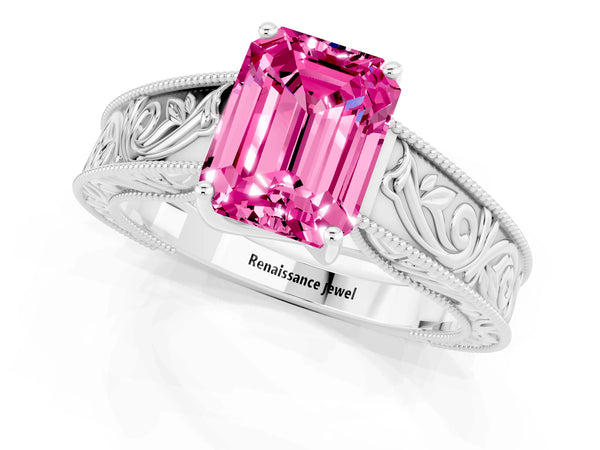 Platinum Emerald Cut Pink Sapphire Solitaire Ring with Engraved Band and Four-Prong Setting