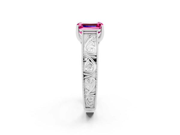 Platinum Emerald Cut Pink Sapphire Solitaire Ring with Engraved Band and Four-Prong Setting