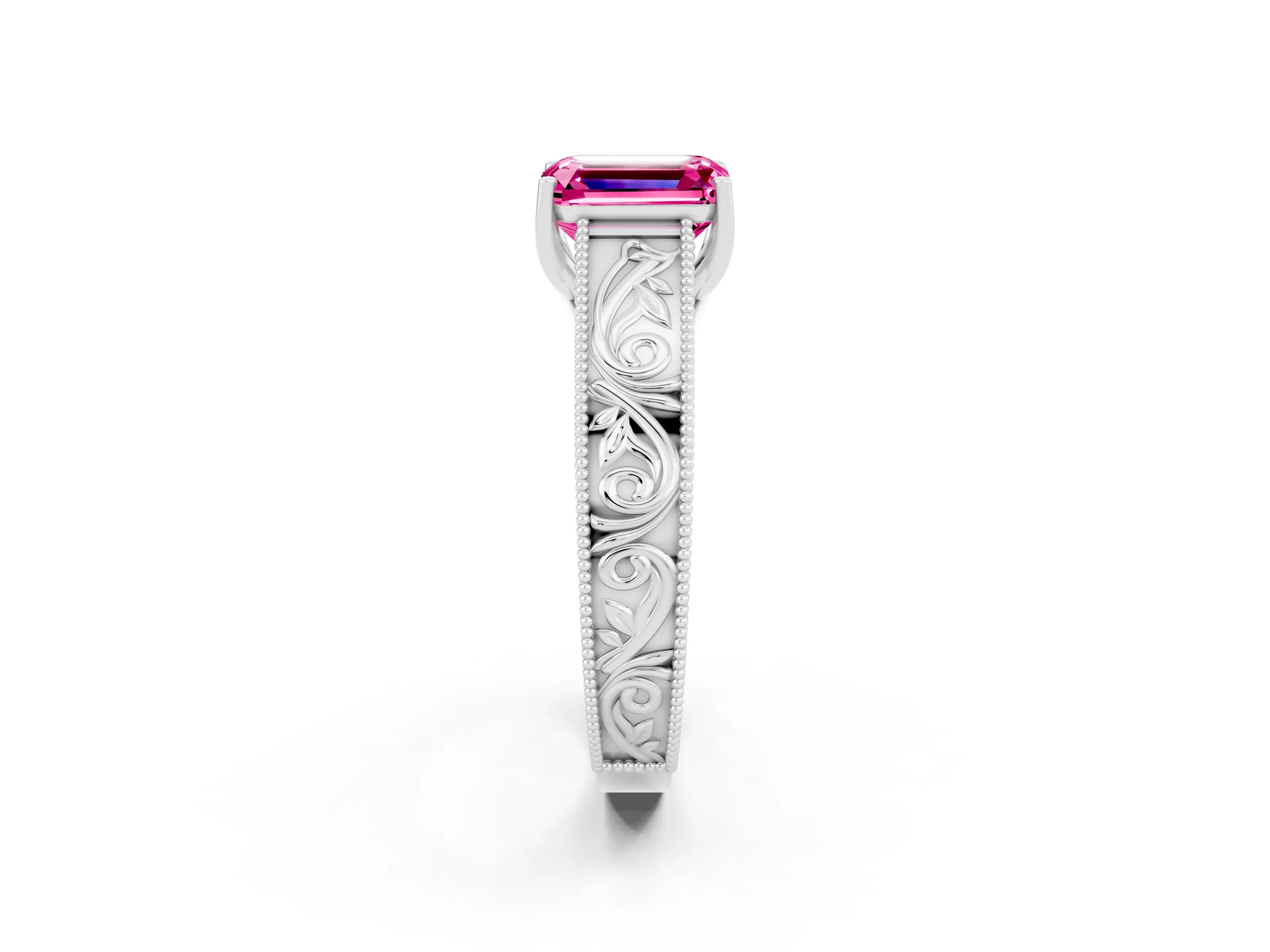 White gold Emerald Cut Pink Sapphire Solitaire Ring with Engraved Band and Four-Prong Setting_2