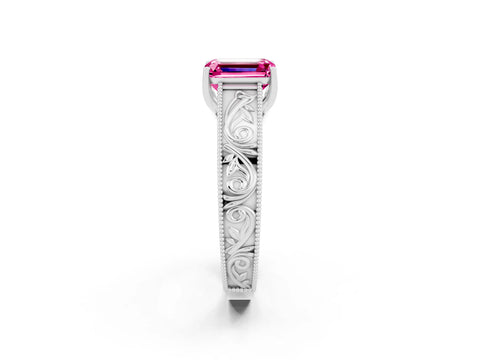 White gold Emerald Cut Pink Sapphire Solitaire Ring with Engraved Band and Four-Prong Setting_2