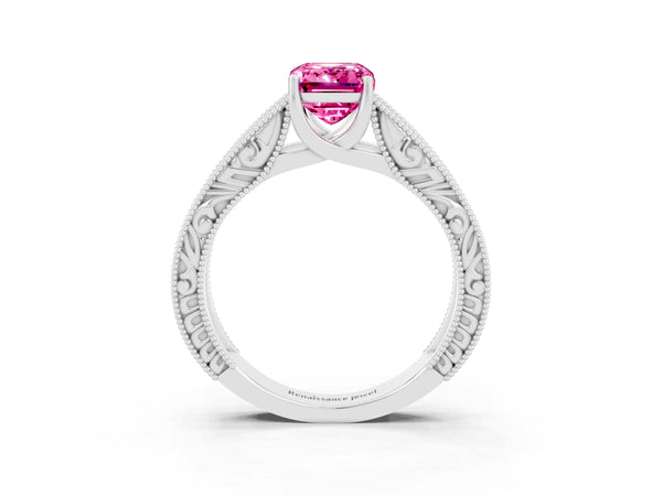 Platinum Emerald Cut Pink Sapphire Solitaire Ring with Engraved Band and Four-Prong Setting