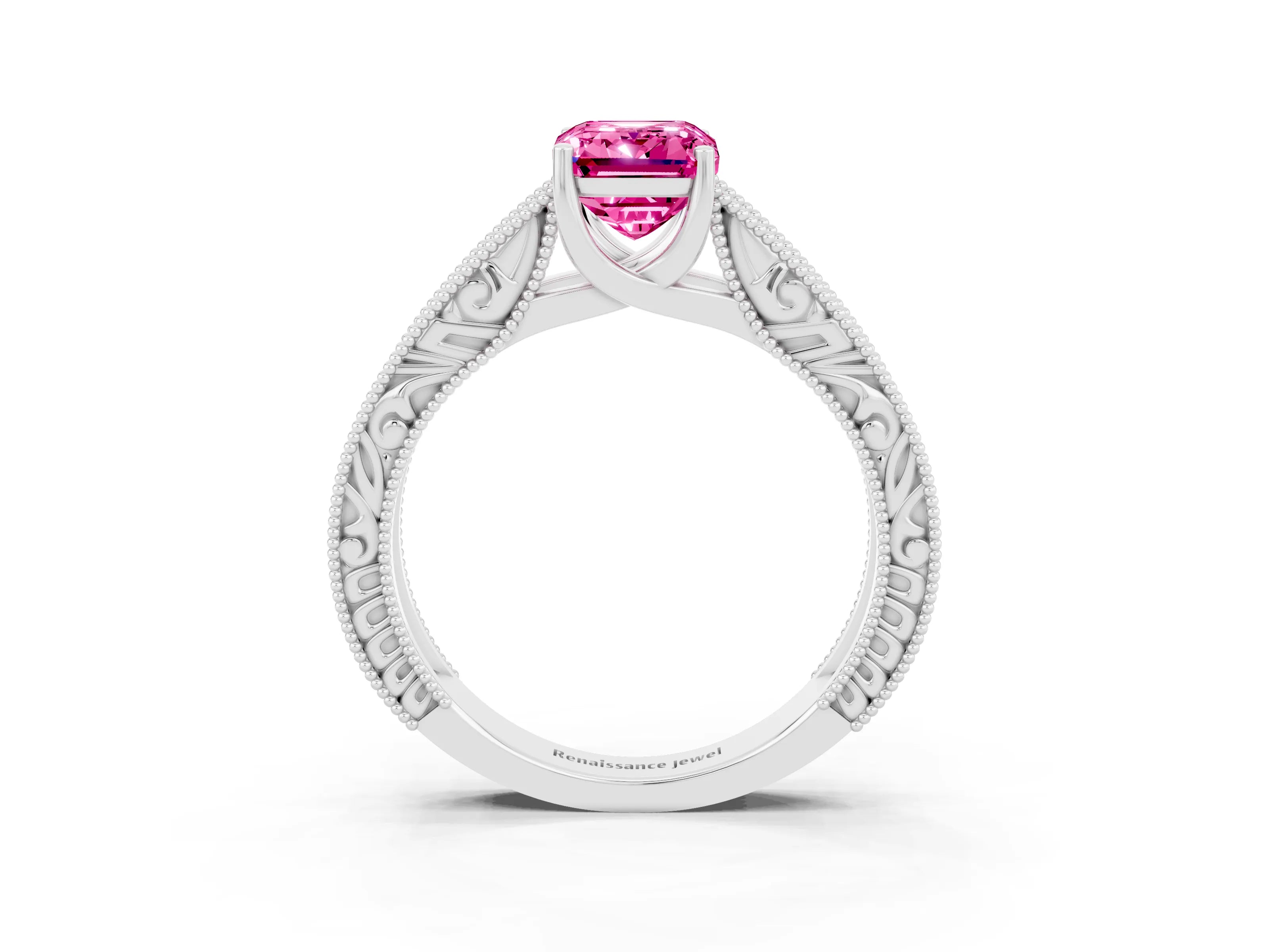 White gold Emerald Cut Pink Sapphire Solitaire Ring with Engraved Band and Four-Prong Setting_3